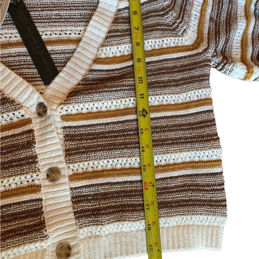 House of Harlow 1960 Puff Sleeve Cropped Neutral Striped Knit Cardigan Sโฆ - Picture 13 of 16
